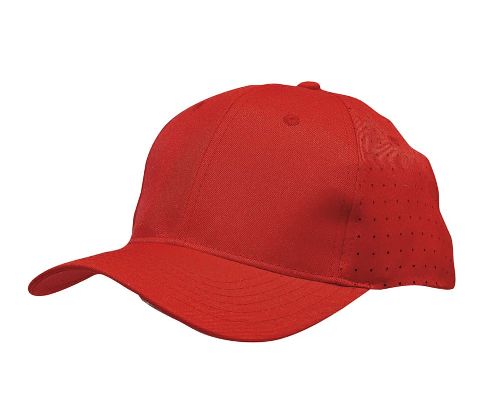 A red breathable poly twill cap featuring circular perforations and a logo.