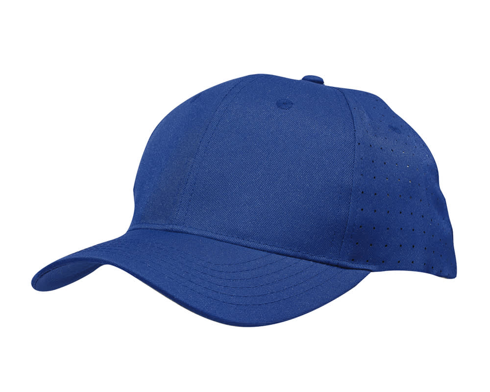 A blue breathable poly twill cap featuring circle perforations and a curved brim, with a logo on the front.
