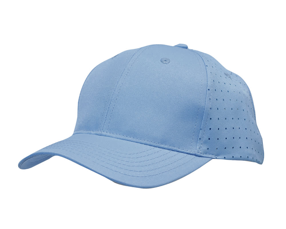 A light blue breathable poly twill cap featuring circle perforations and a curved peak, with a logo on the side.