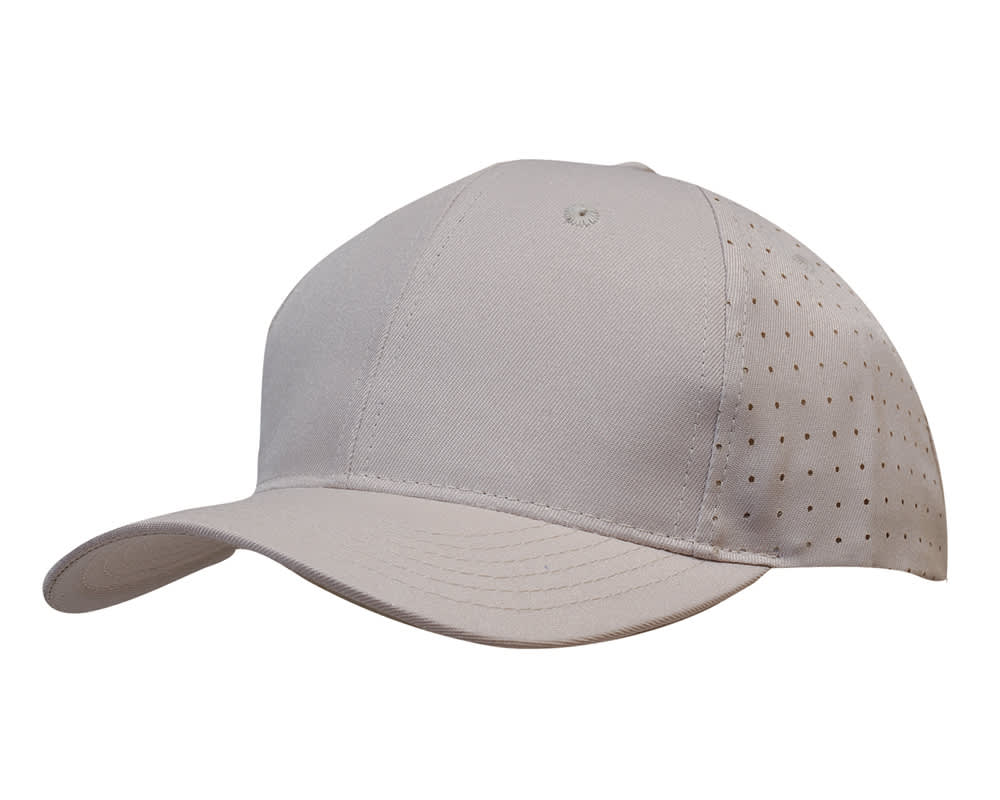 A beige breathable poly twill cap featuring circle perforations and a curved brim, with a logo on the side.
