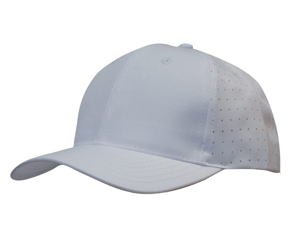 A breathable poly twill cap in light blue, featuring circle perforations and a logo on the side.