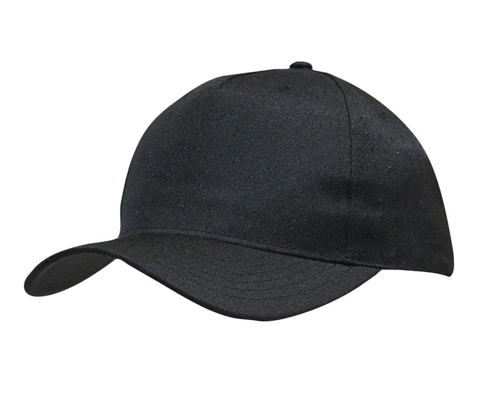 A black breathable poly twill cap with circle perforations and a curved brim, featuring a logo.