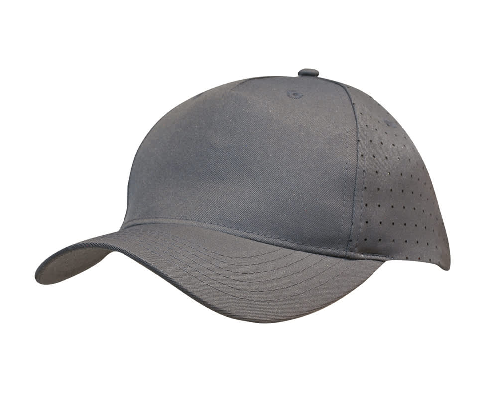 A grey breathable poly twill cap featuring circle perforations and an adjustable strap at the back.
