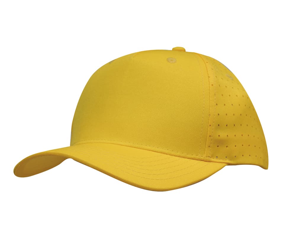 A yellow breathable poly twill cap with circle perforations on the sides and a curved brim.