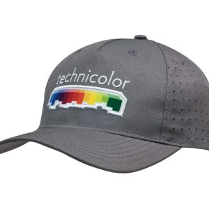 A grey breathable poly twill cap with circle perforations and a logo on the front.