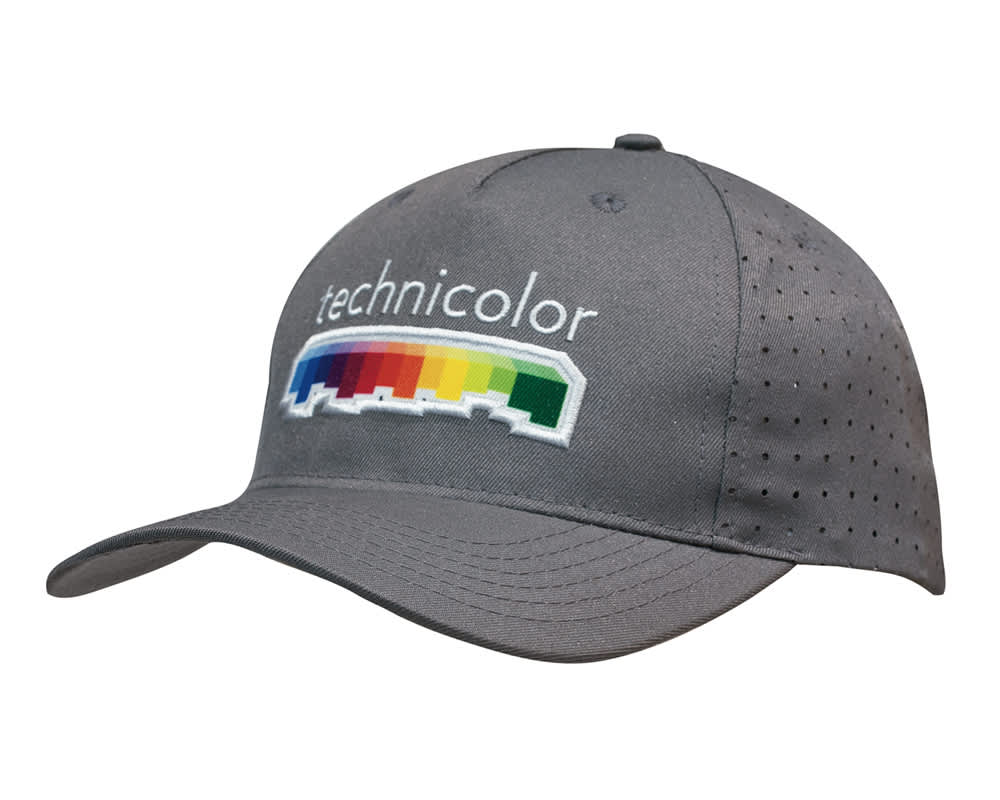 A grey breathable poly twill cap with circle perforations and a logo on the front.