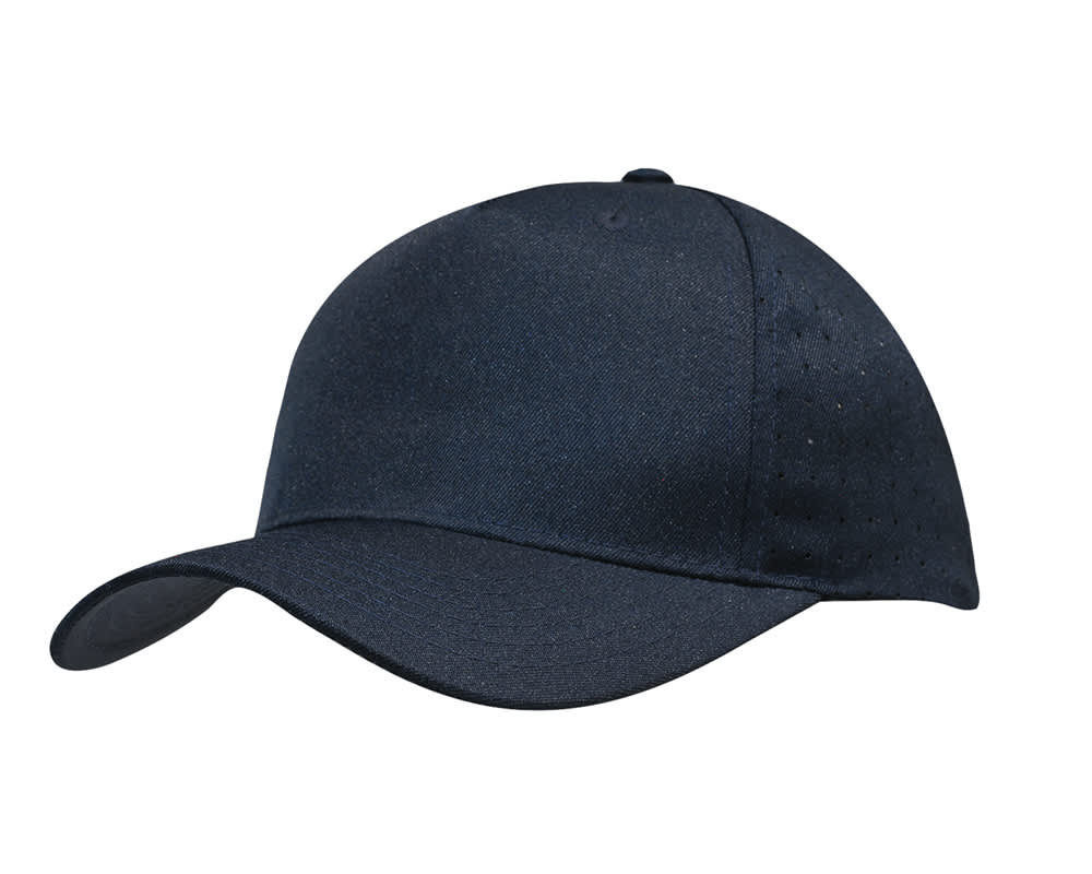A navy breathable poly twill cap featuring circle perforations and a branded logo.