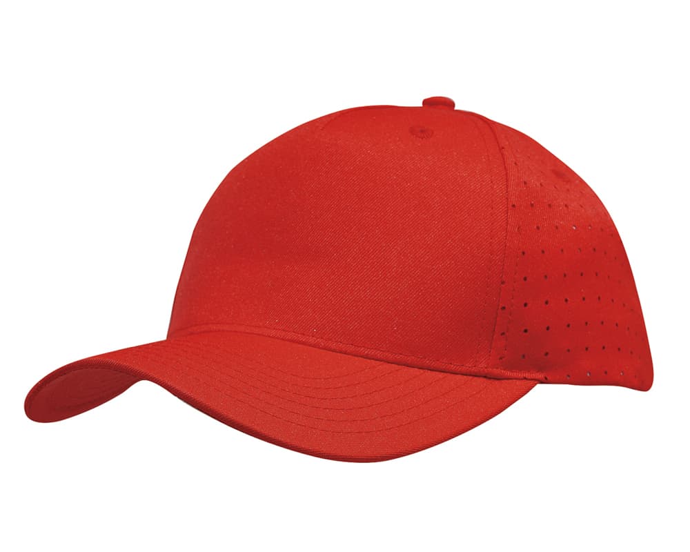 A red breathable poly twill cap featuring circle perforations and a rounded brim. It includes a logo on the side.