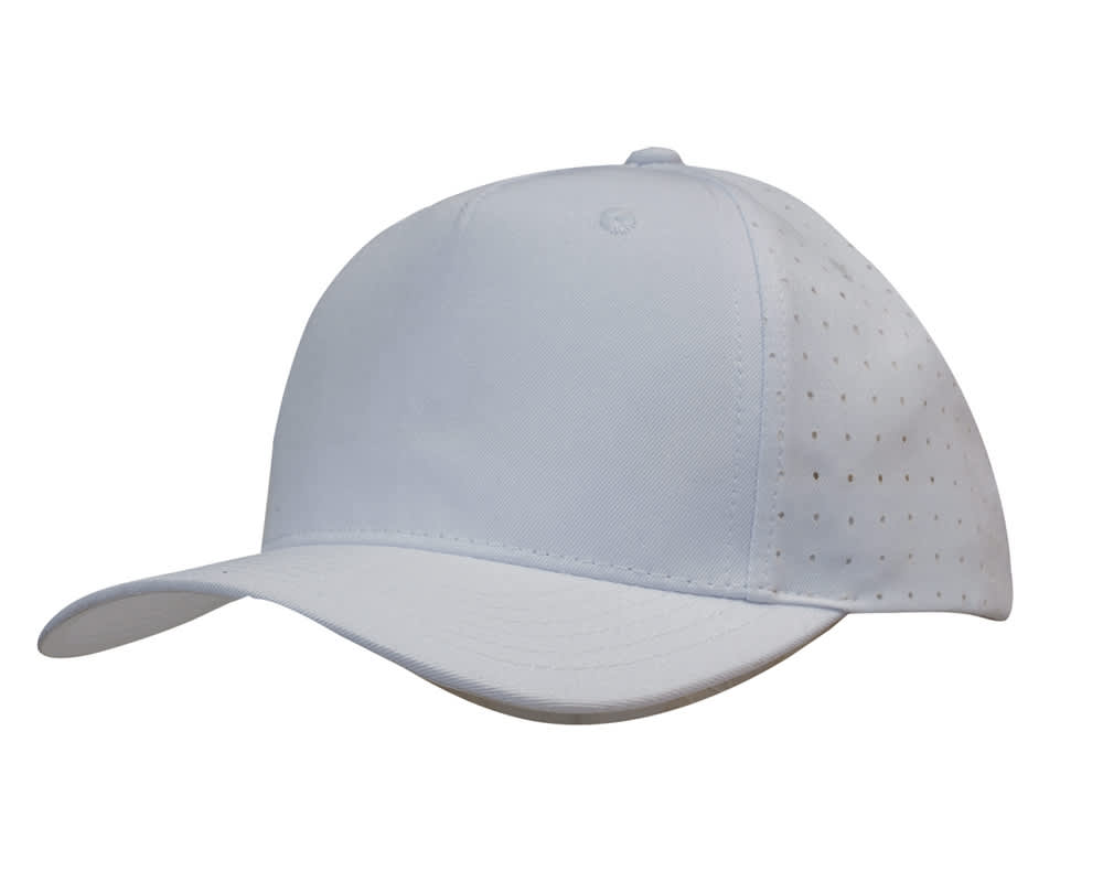 A breathable white poly twill cap featuring circle perforations and a branding logo on the side.