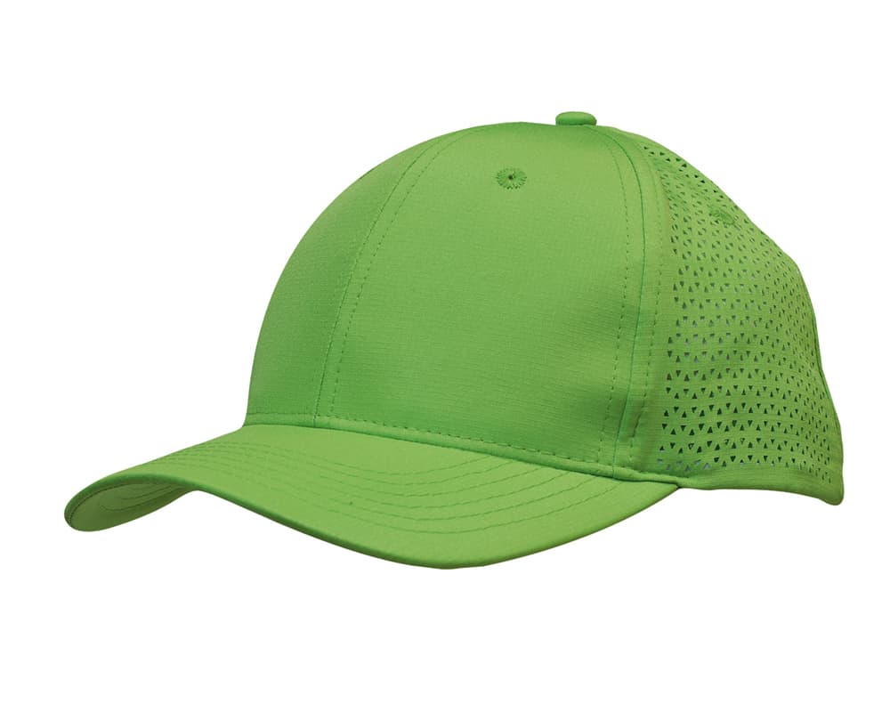 A bright green sports cap featuring triangle perforations and a logo on the side.