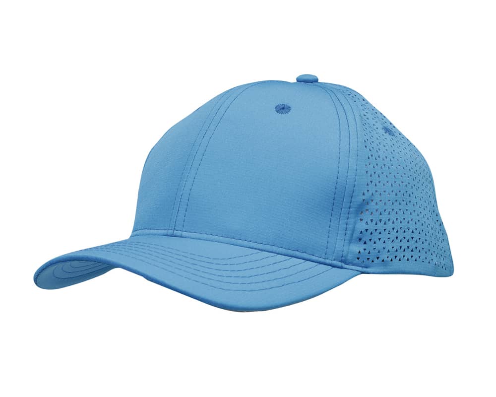 A blue sports cap featuring ripstop twill fabric and triangle perforations on the sides, with a curved brim and a logo.