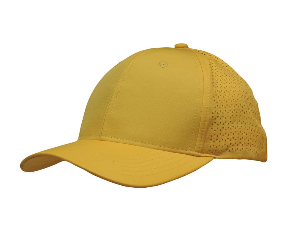 A yellow sports cap made of ripstop twill, featuring triangle perforations and a logo on the side.