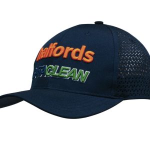 A navy cap with a curved brim, featuring triangle perforations and multi-coloured embroidered branding.