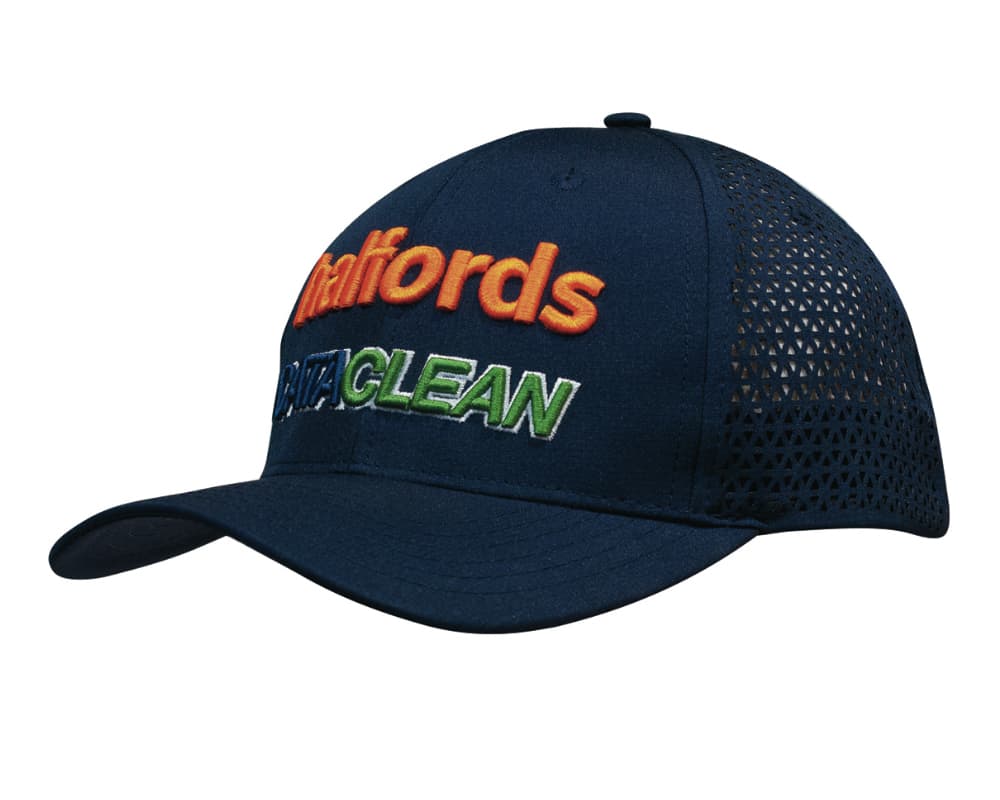 A navy cap with a curved brim, featuring triangle perforations and multi-coloured embroidered branding.