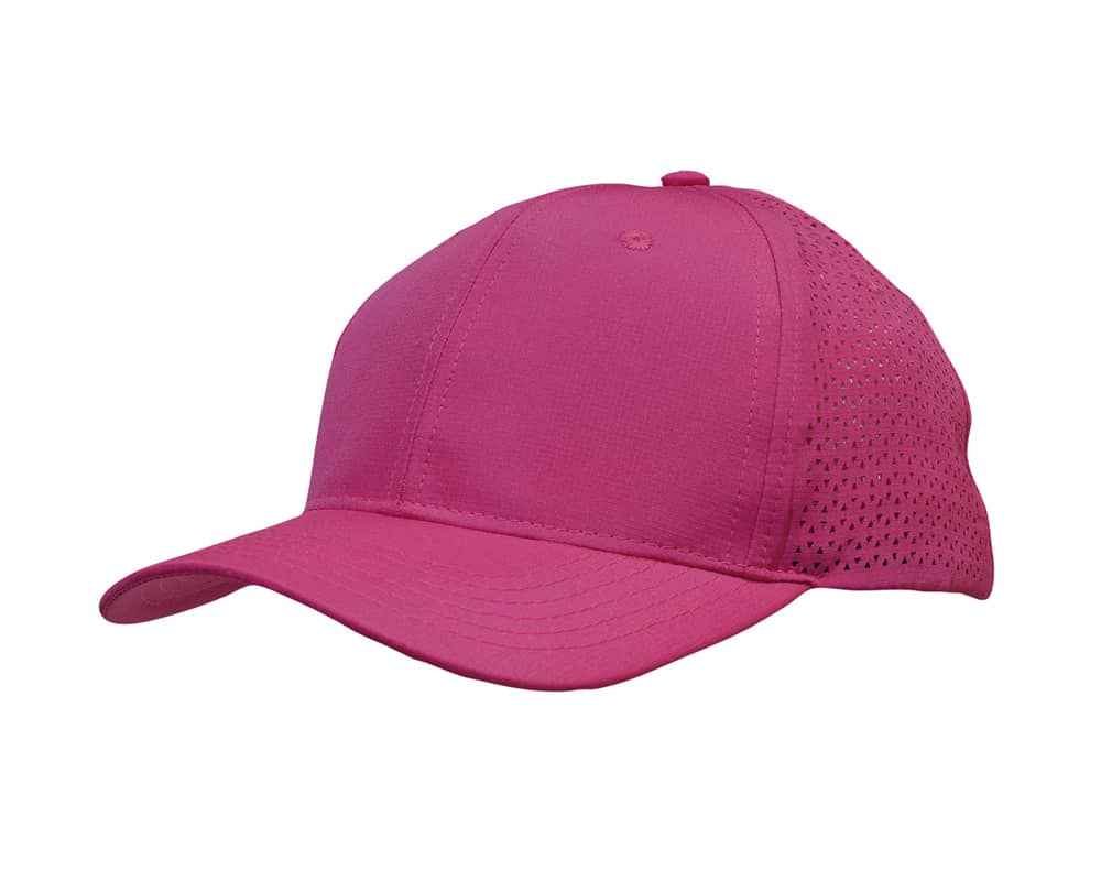 A pink sports cap featuring triangle perforations, designed for summer activities, with a logo on the front.