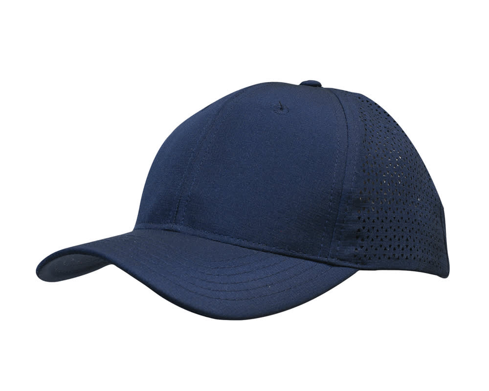 A navy cap with triangle perforations and a curved brim, featuring a logo on the side.