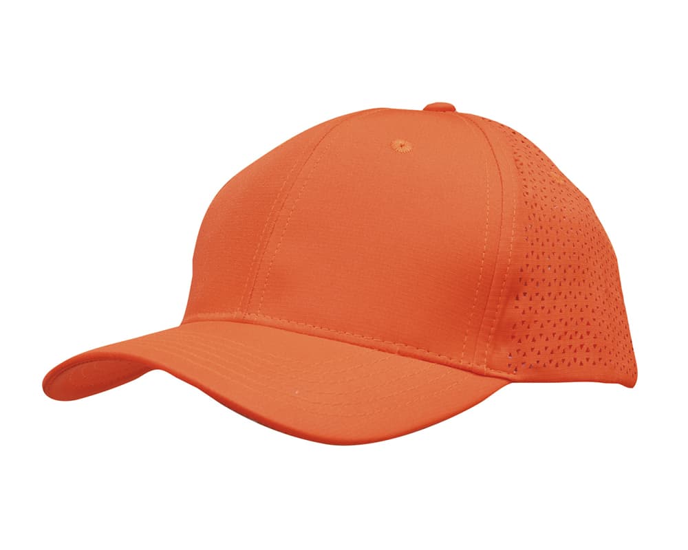 An orange sports cap with triangle perforations and a structured design, featuring a logo.
