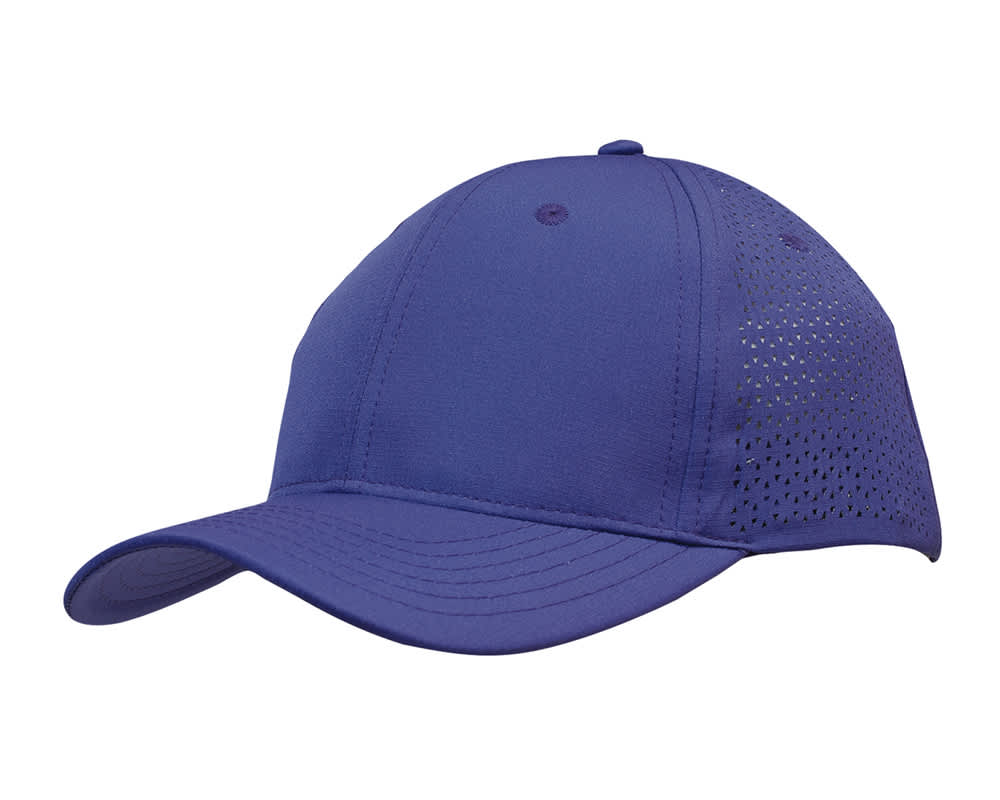 A blue sports cap with triangle perforations on the side and a structured brim. It features a logo.