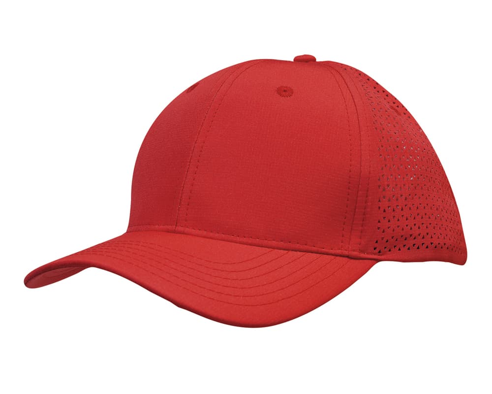 A red Sports Ripstop Twill Cap featuring triangle perforations, with a curved visor and a logo.