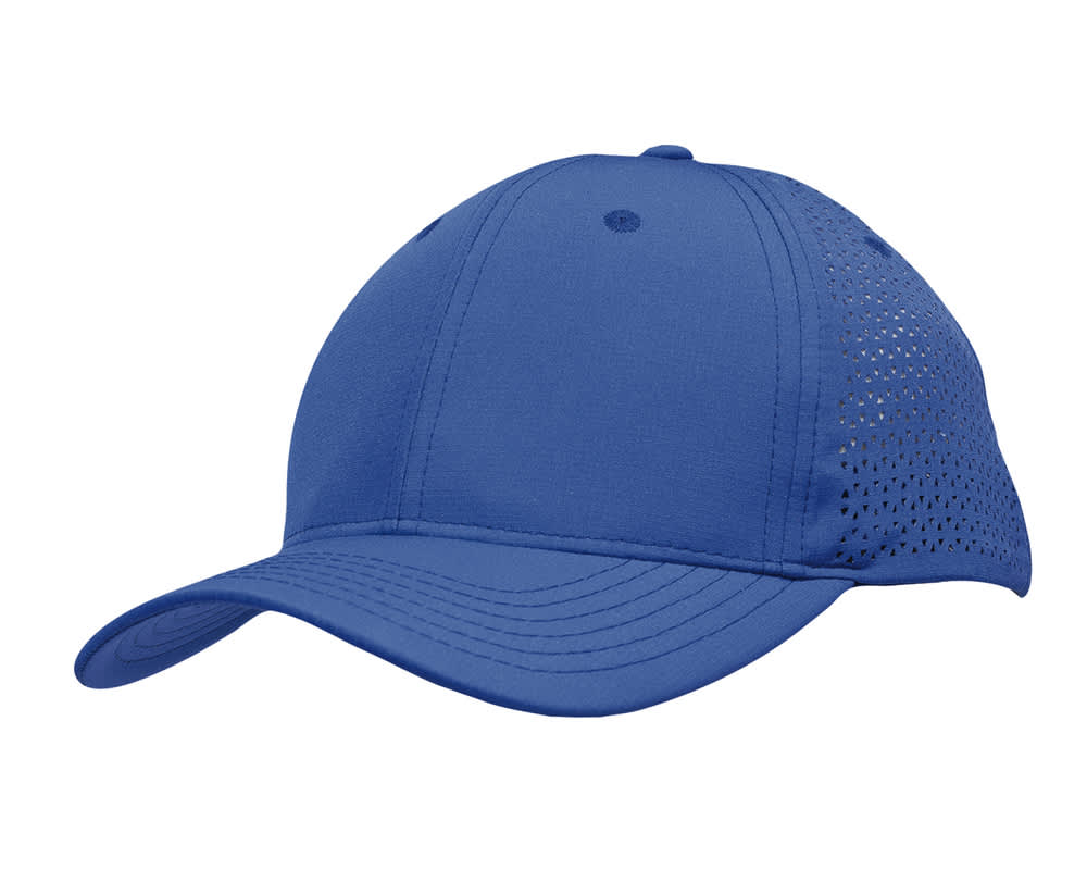 A blue sports cap featuring triangle perforations for breathability and a logo on the front.