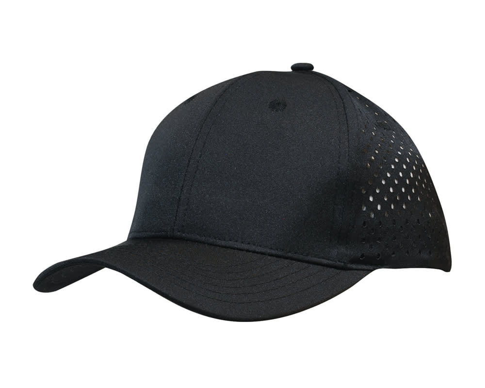 A black premium cap with tear drop perforations and a logo on the side.