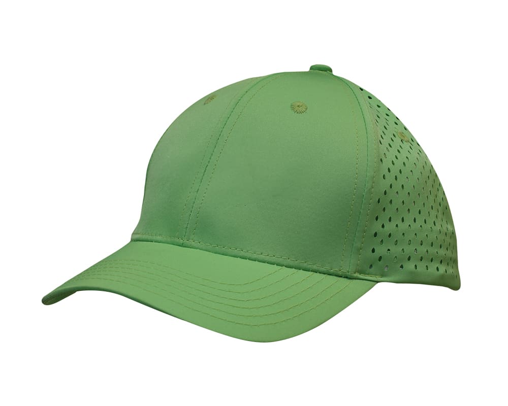 A green sports cap with tear drop perforations and a logo, featuring a structured design and curved brim.
