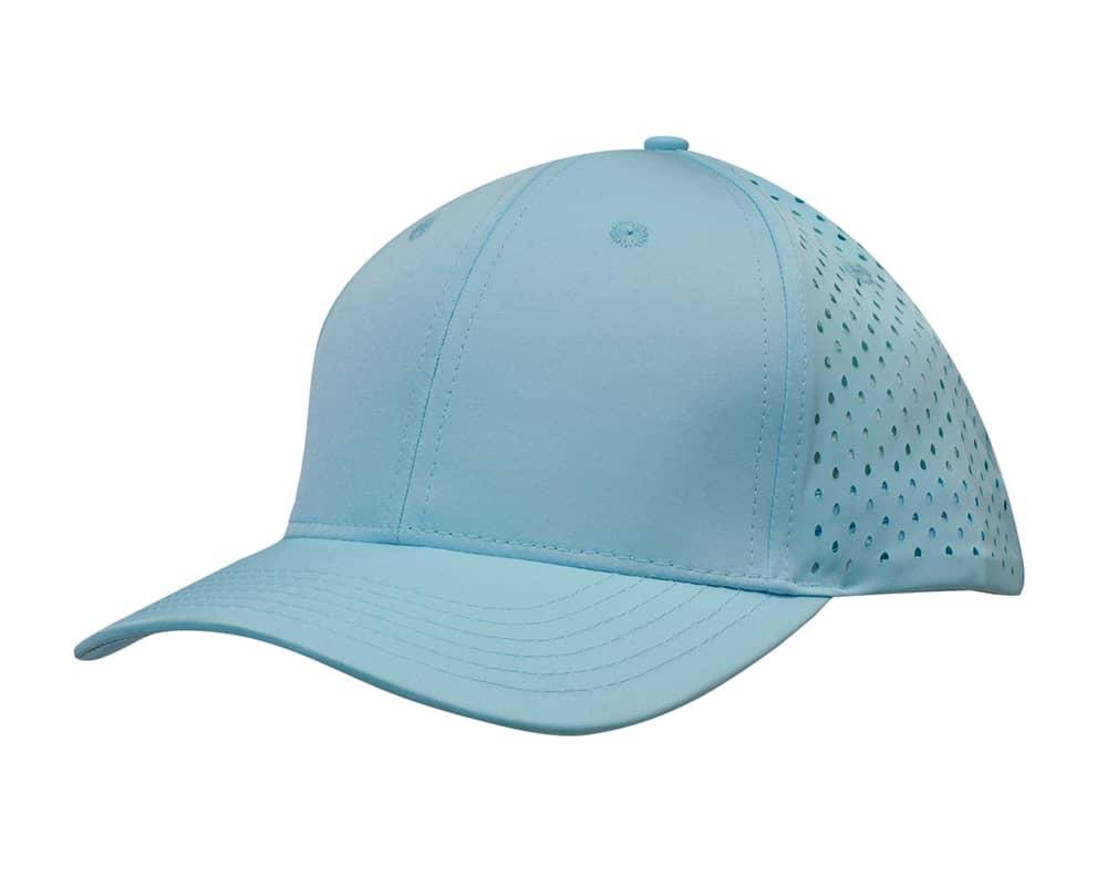 A light blue sports cap featuring tear drop perforations on the sides and a curved visor. It has a logo on the front.