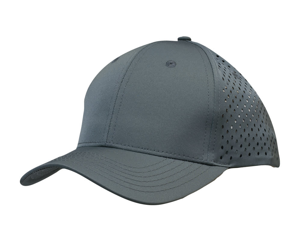 A grey sports cap with tear drop perforations and a logo on the front.
