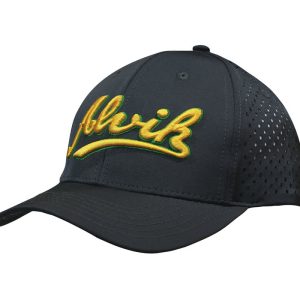 A black sports cap featuring tear drop perforations and a yellow embroidered logo on the front.