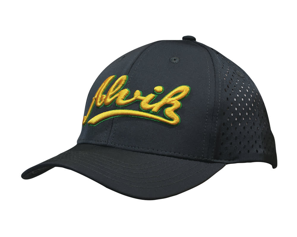 A black sports cap featuring tear drop perforations and a yellow embroidered logo on the front.