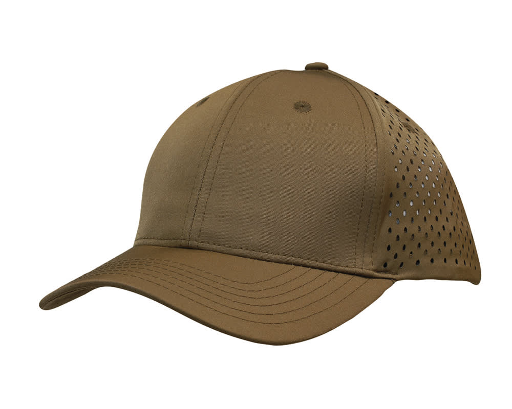 A cap in olive green featuring teardrop perforations on the sides and a curved brim. It has a logo on the front.