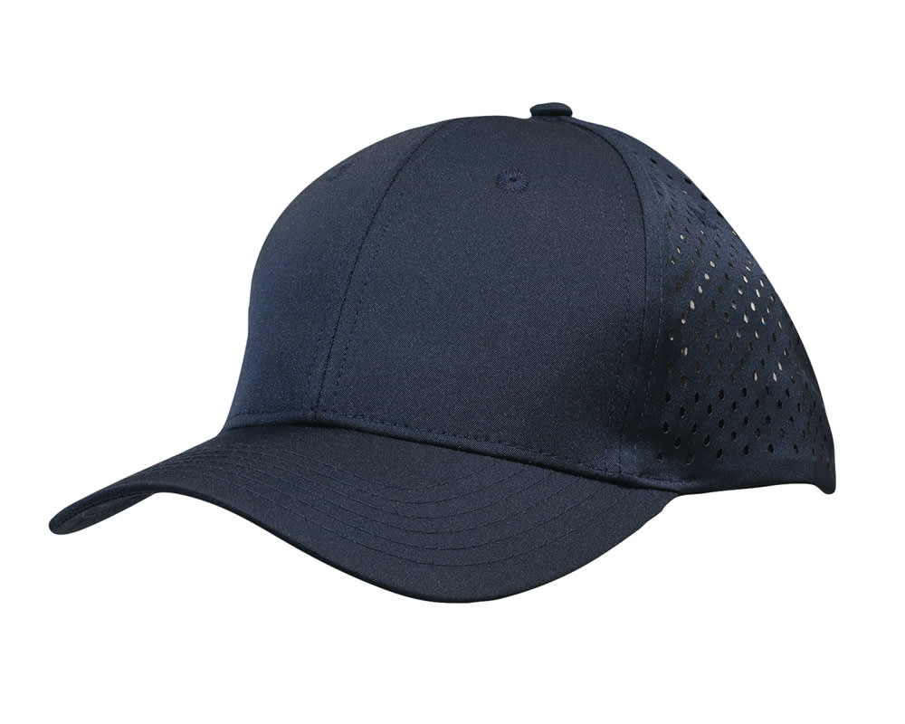 A pink cap with perforated tear drop designs and a logo on the side.