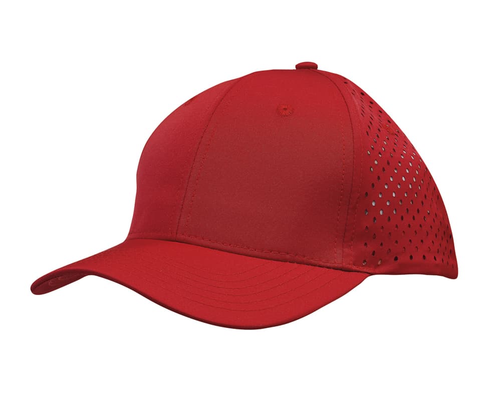 A lilac sports cap featuring tear drop perforations and a curved brim. The cap also has a logo.