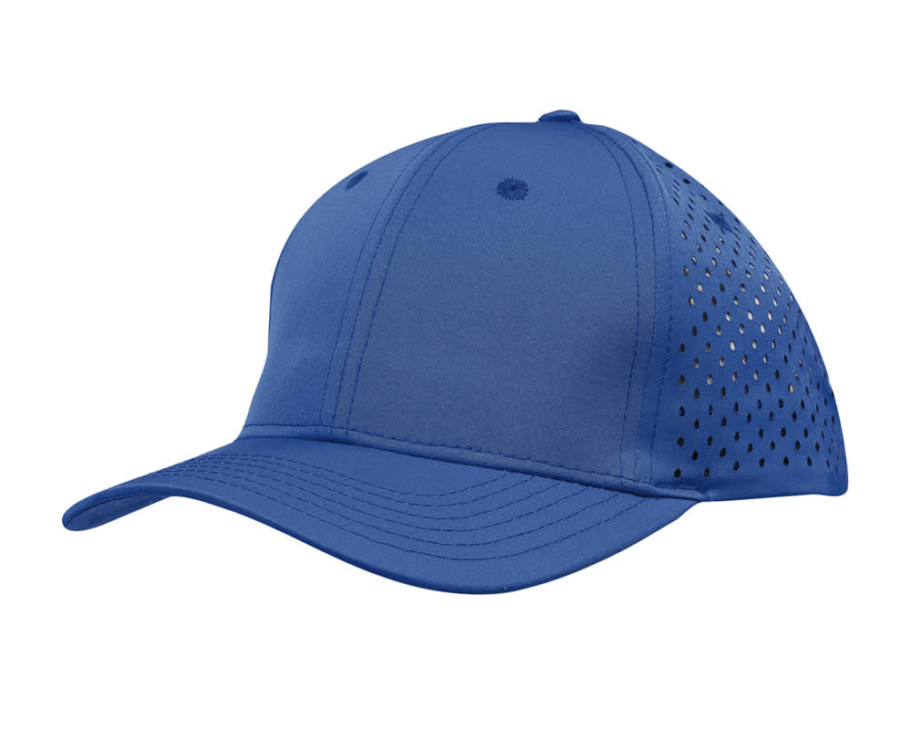 A red cap featuring tear drop perforations on the sides and a logo.