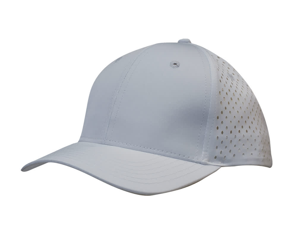 A blue cap featuring tear drop perforations on the side and a curved brim, with an unobtrusive logo.