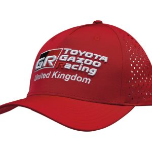 A red sports cap featuring perforated detailing and a logo on the front.