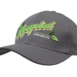 A grey cap made of recycled twill, featuring embroidered text and a logo.