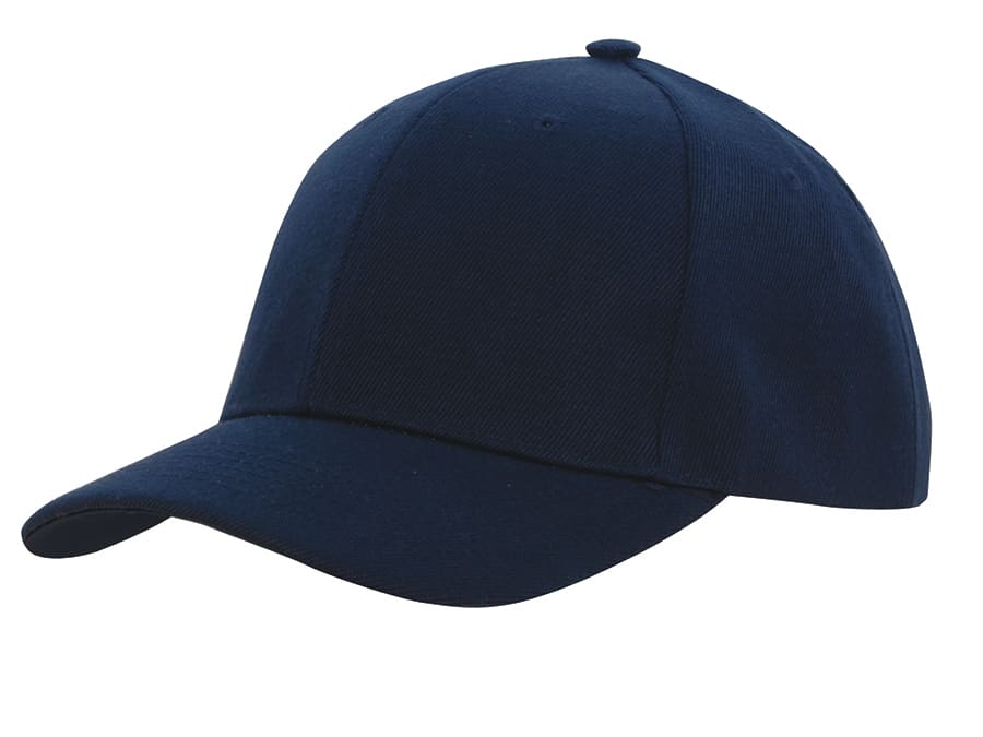 A navy blue premium recycled twill cap with a structured design and a curved brim. It has a logo on the front.