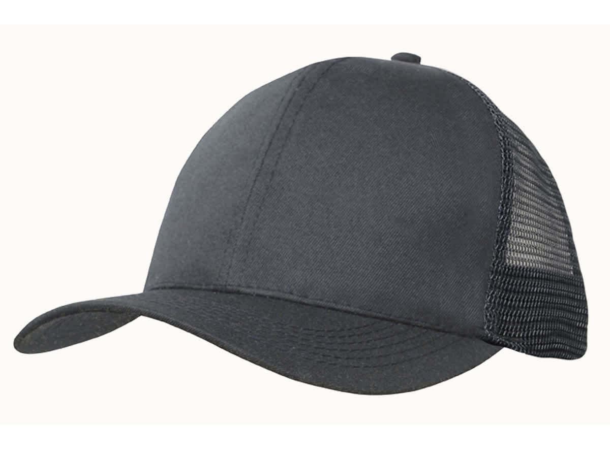 A black cap made from recycled breathable poly twill with a mesh back and a curved brim. It features a logo.
