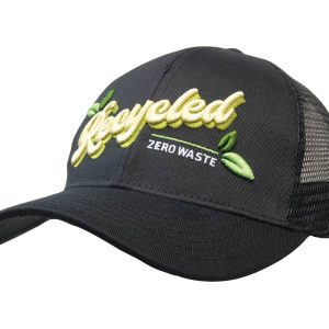 A black cap made from recycled materials, featuring a mesh back and a logo design.