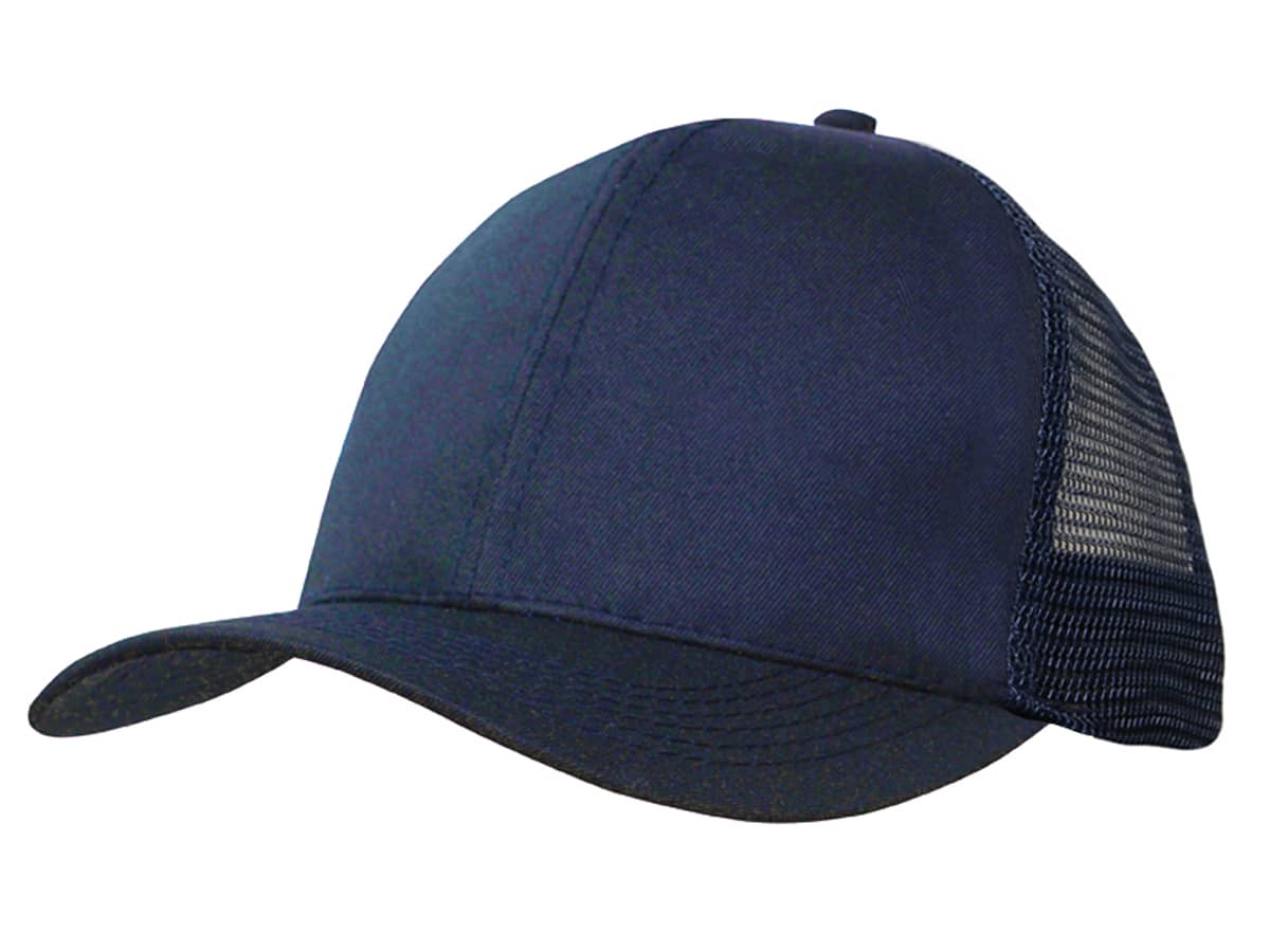 A navy cap made from recycled breathable poly twill with a mesh back and a logo on the front.
