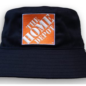 A black bucket hat made from breathable recycled poly twill, featuring a logo on the front.