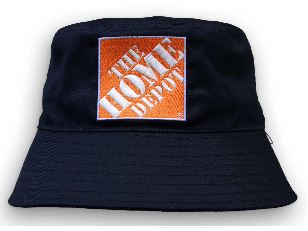 A black bucket hat made from breathable recycled poly twill, featuring a logo on the front.