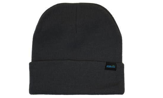 A dark grey recycled roll-up beanie with a small logo on the side.