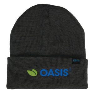 A dark green beanie with a fold-over cuff and a logo on the front.