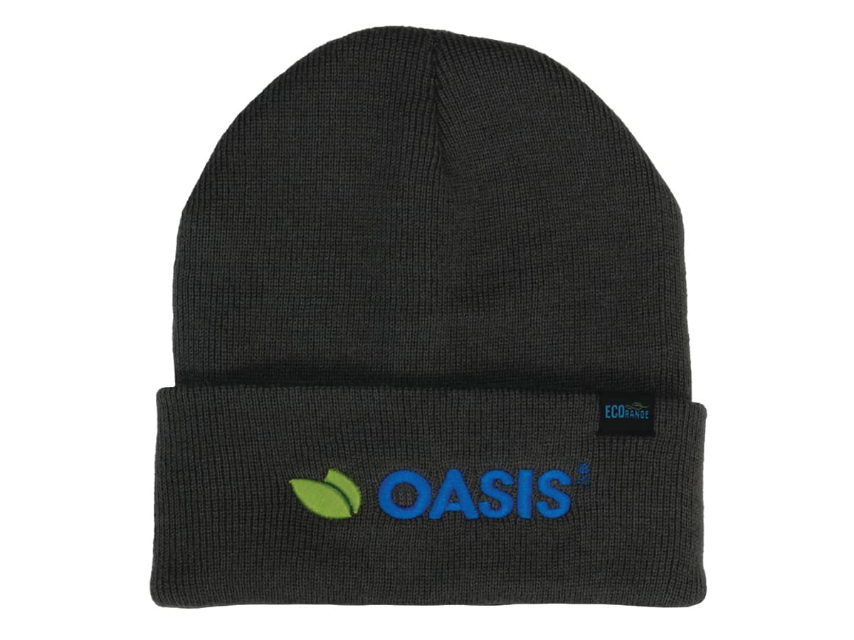 A dark green beanie with a fold-over cuff and a logo on the front.