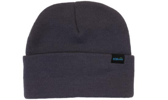 A dark grey beanie with a roll-up cuff and a small logo on the side.