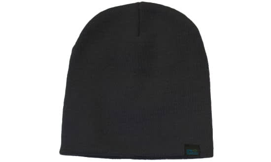 A black beanie made from recycled materials, featuring a small logo on the side.