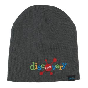 A grey beanie featuring colourful embroidered text and a logo on the side.