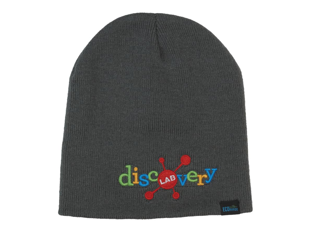 A grey beanie featuring colourful embroidered text and a logo on the side.